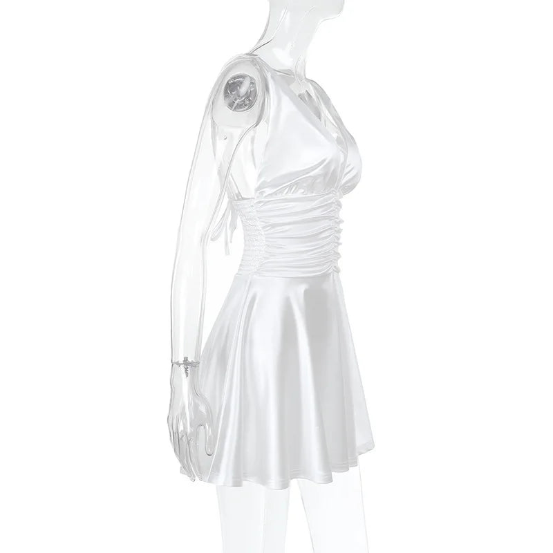 שמלת מיני סאטן בעצוב כיווצים קשירה בכתפיות - Celia