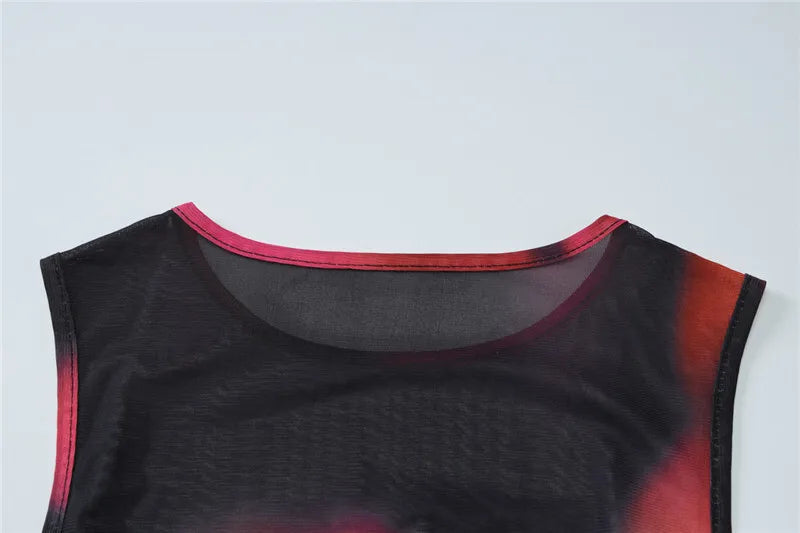 סט שני חלקים בד רשת בעיצוב טאי דאי טופ וחצאית מקסי בעיטור שסע - פלורנס