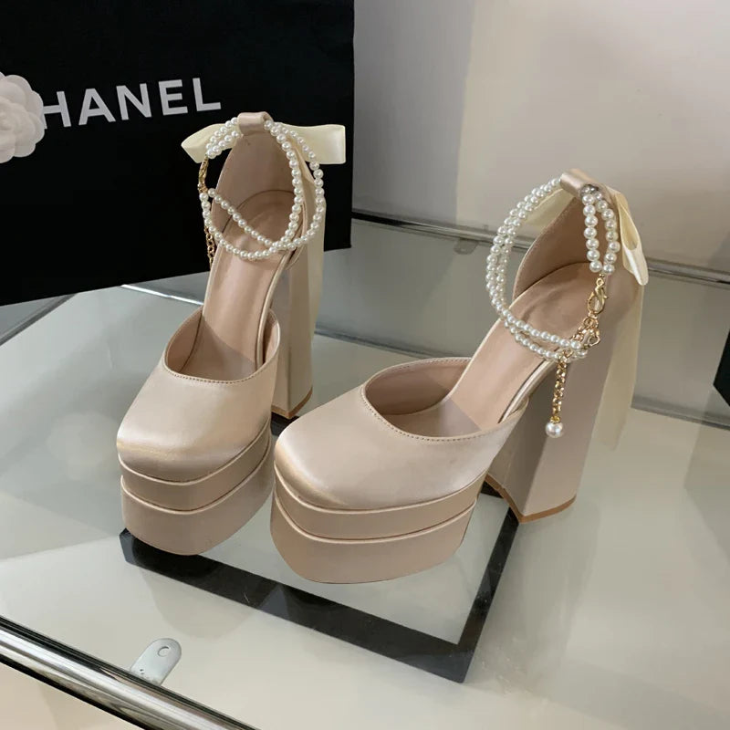 Silk satin high heel shoes decorated with pearls - Kelly