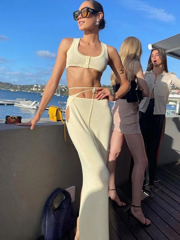 סט שני חלקים סרוג טופ וחצאית מקסי - אלא