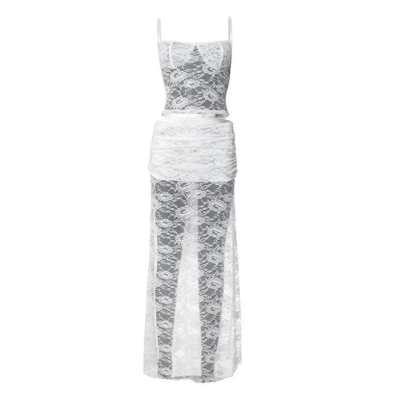 סט תחרה שני חלקים טופ גופיה קשירות בגב וחצאית מקסי - רייצ'ל