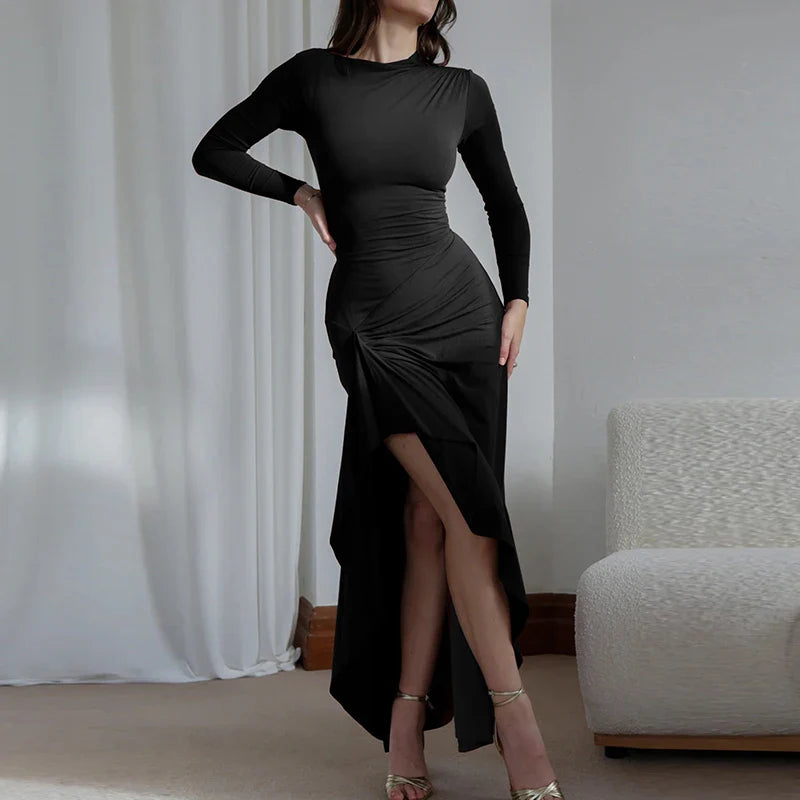 שמלת מקסי צנועה אלגנטית בעיצוב שסע כיווצים וקשירה בגב להצמדה במותן - הודיה