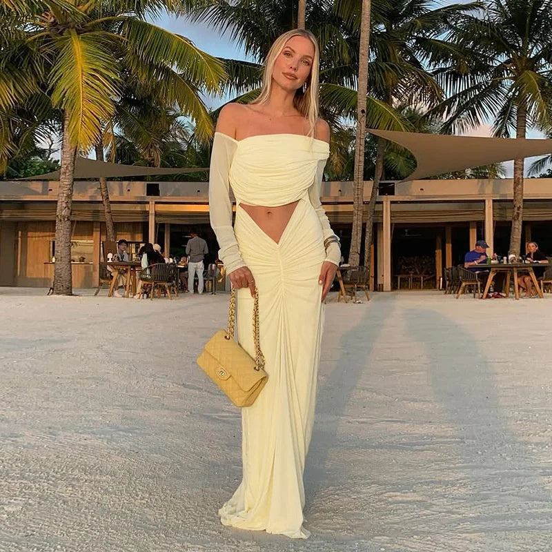 שמלת מקסי כיווצים בעיצוב פתח ושרוולי רשת כתפיים חשופות - אורה