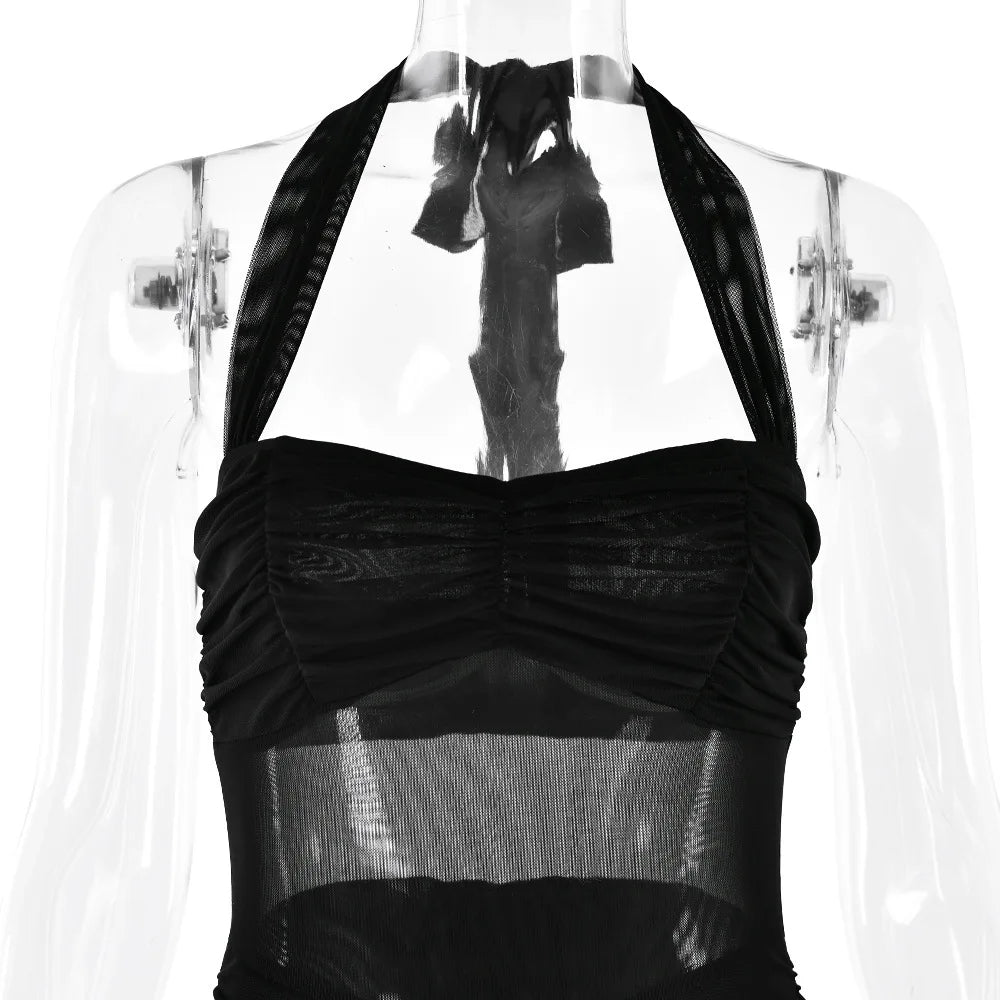 שמלת מקסי שיפון בעיטור כיווצים ומלמלה קשירה בצוואר - שלי