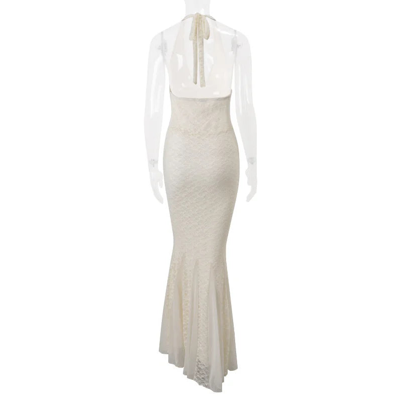 שמלת מקסי תחרה קשירה בצוואר גב פתוח - וונילה