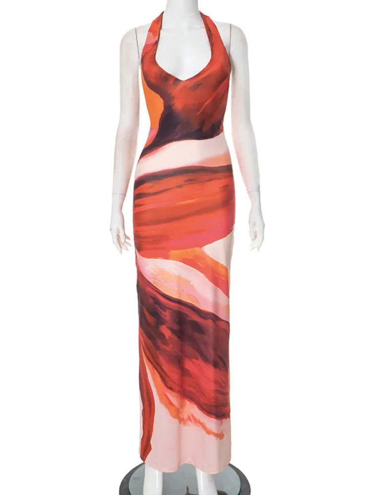 שמלת מקסי בהדפס צבעוני קשירה בצוואר גב פתוח - חוליה