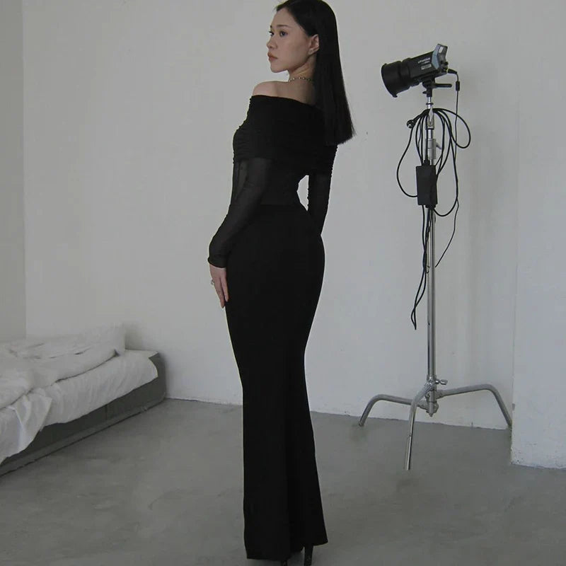 שמלת מקסי כתפיים חשופות בעיצוב רשת - קסניה