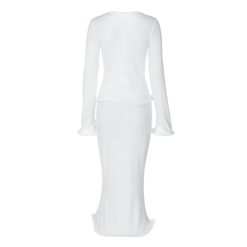 סט שני חלקים סרוג חולצה בסגירת כפתורים וחצאית מקסי - PARIS