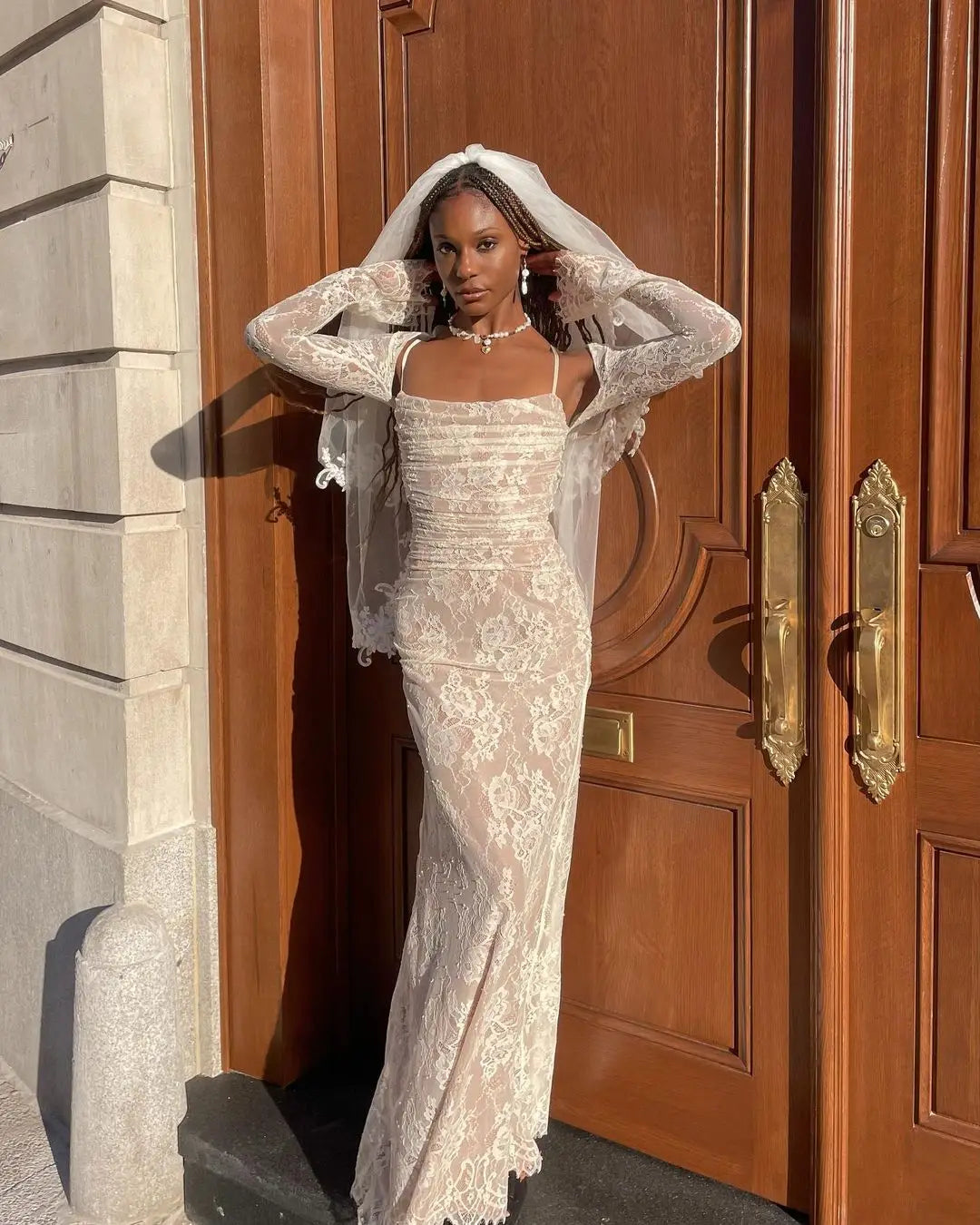 שמלת מקסי אלגנטית תחרה בשילוב עליונית שרוולי תחרה - איליה