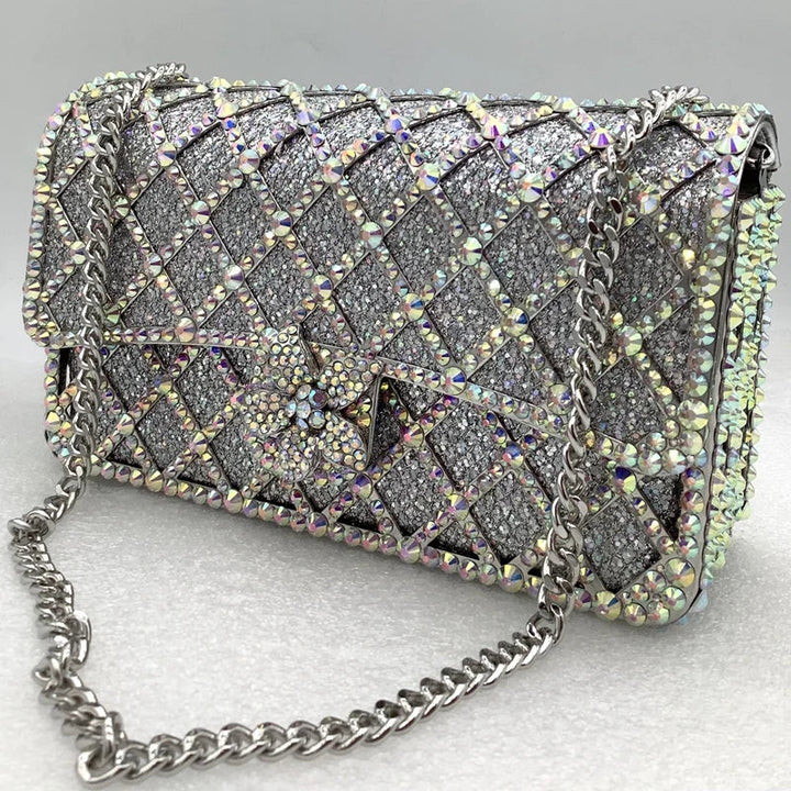 Sequin bag with diamond pattern and flower decoration