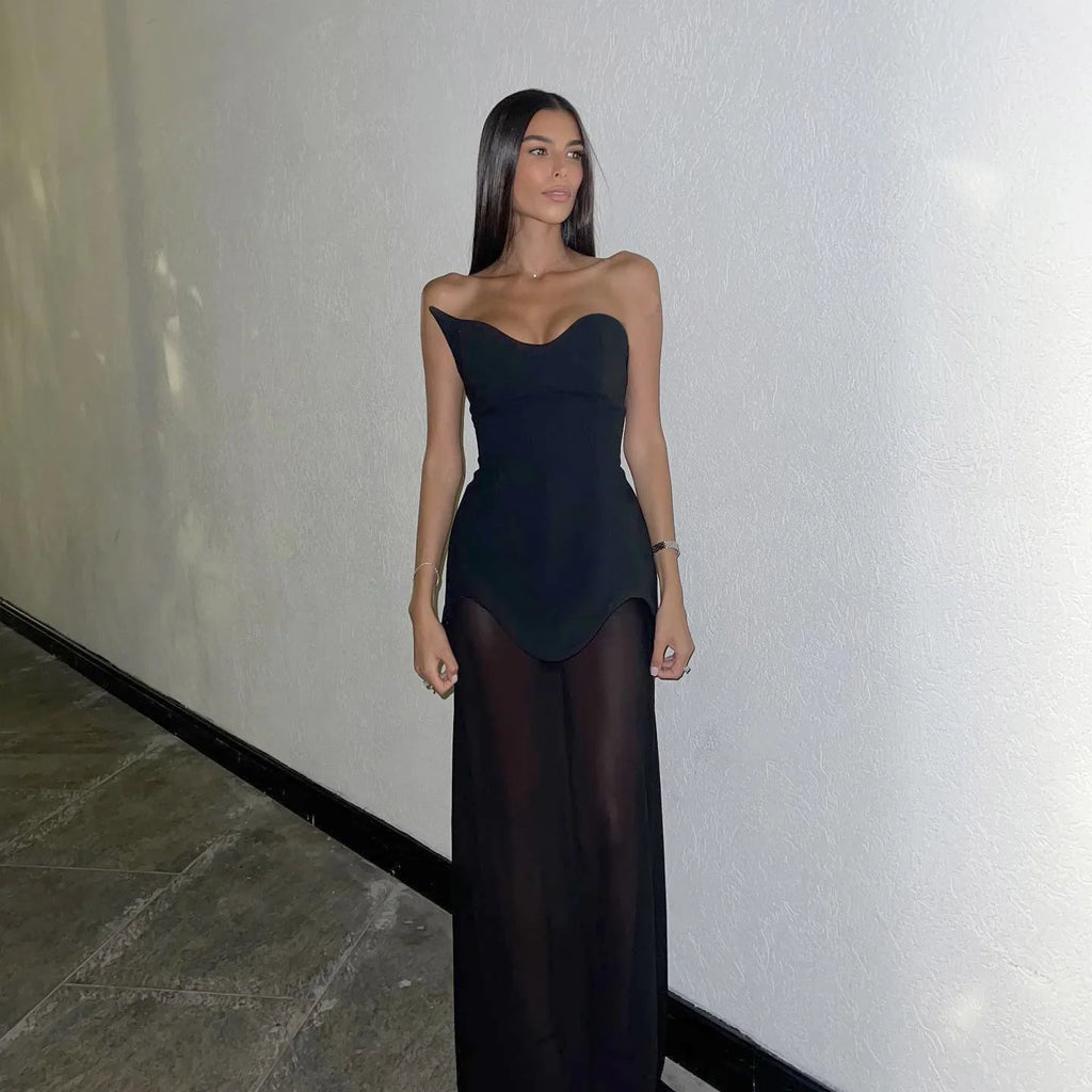 שמלת מקסי סטרפלס בעיצוב שיפון - Genesis