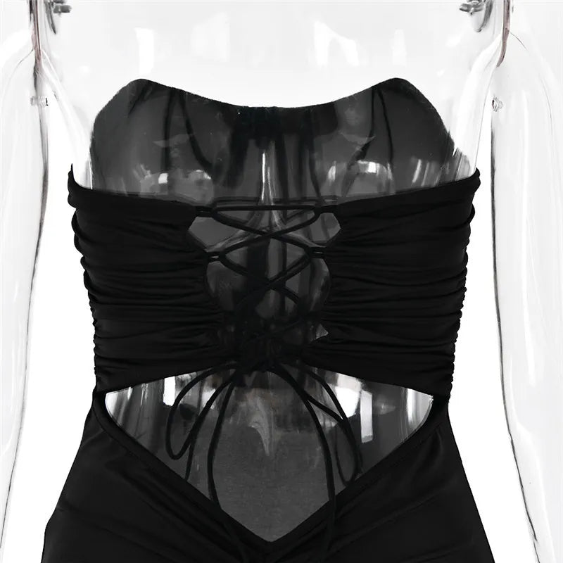 שמלת מקסי סטרפלס צמודה כיווצים בישבן קשירות בגב - ג'ורג'ינה