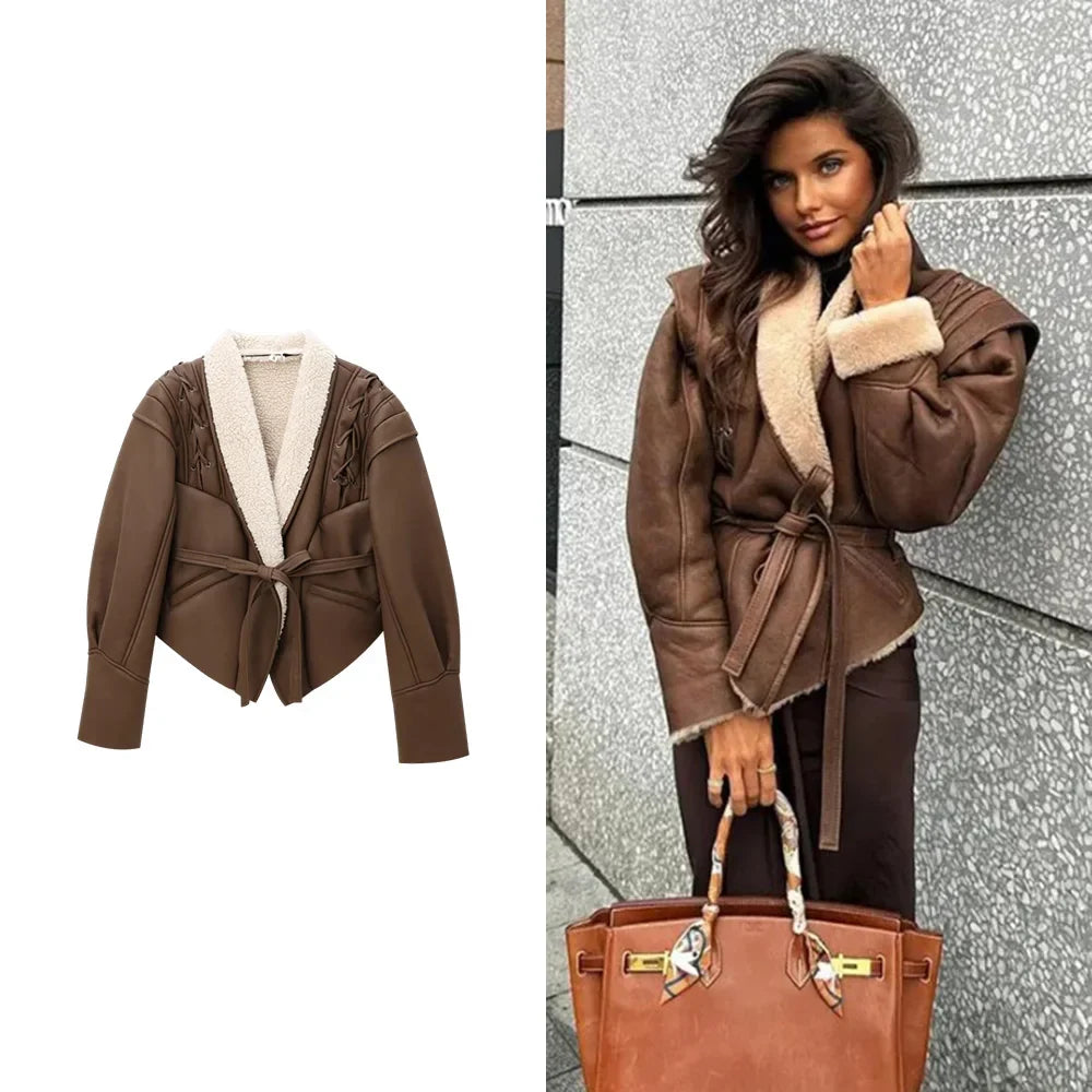 מעיל עור פרווה פנימית בעיצוב קשירת חגורה - מורן