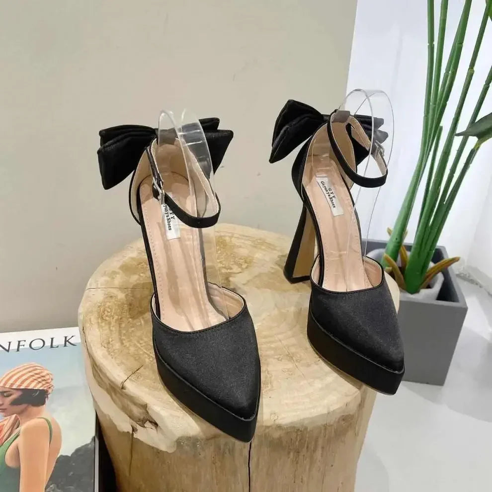 Satin Platform Heel Shoes with Bow Decoration - Doli
