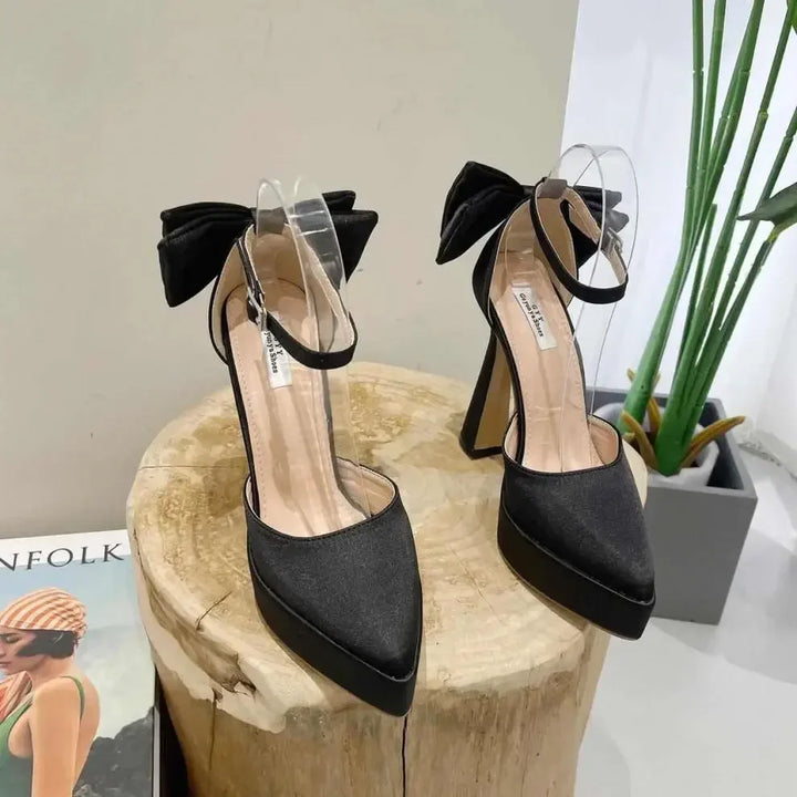 Satin Platform Heel Shoes with Bow Decoration - Doli