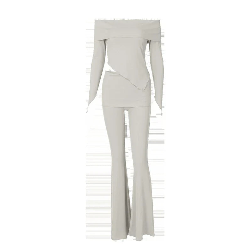 חליפת שני חלקים סרוגה חולצת כתפיים חשופות בגזרה אסימטרית ומכנסיים ארוכים - ROZIE