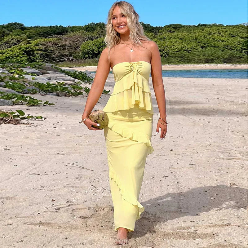 סט שני חלקים טופ סטרפלס וחצאית מקסי בעיטור מלמלה - סאני