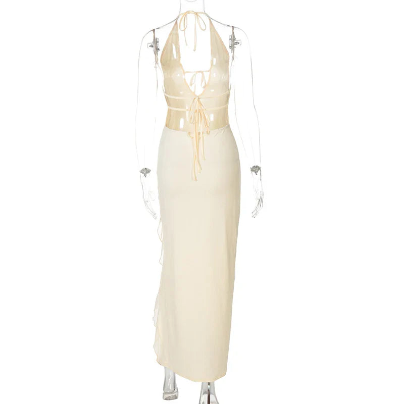 שמלת מקסי מלמלה בעיצוב שסע וקשירה בחזה - מונה