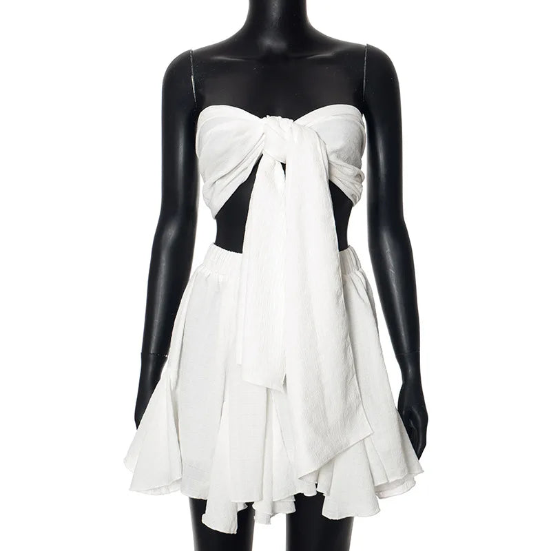 סט שני חלקים פשתן טופ סטרפלס קשירה וחצאית מיני מלמלה - לולה