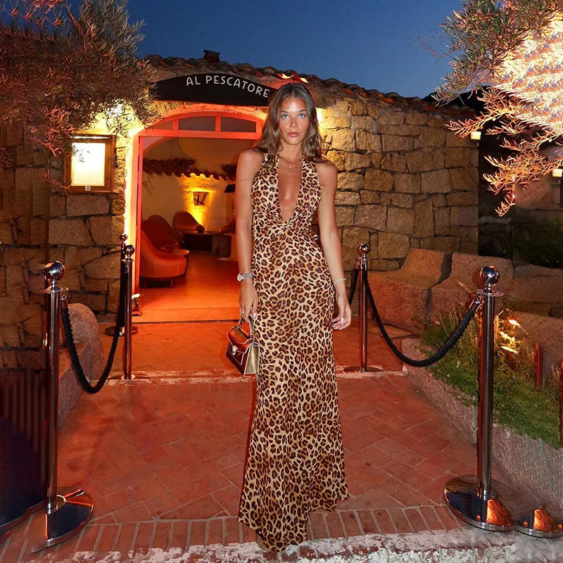 שמלת מקסי מנומרת קשירה בצוואר - RONA