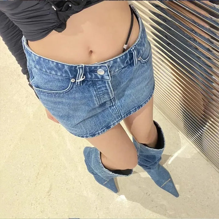 High-heeled denim pointed-toe boots - Jax