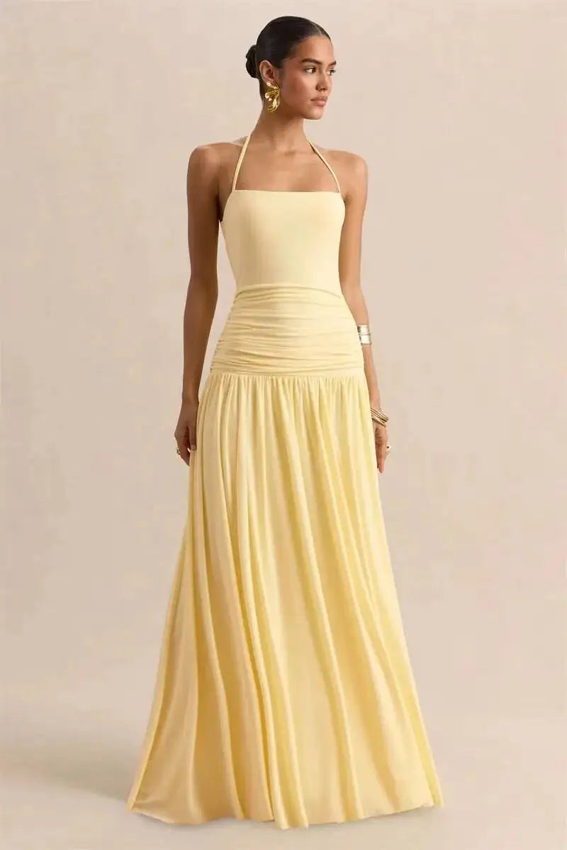 Pleated maxi dress with a neck tie and open back - Tuval