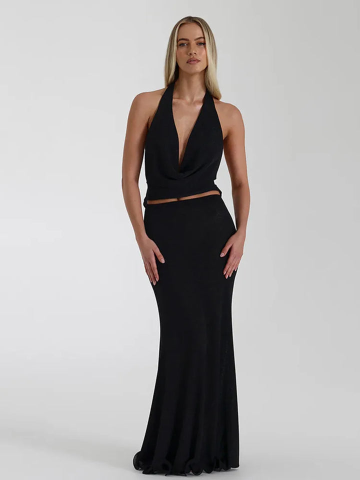 Two-piece set in a flowing fabric design, a drop-neck top with an open back and a maxi skirt - Scarlet