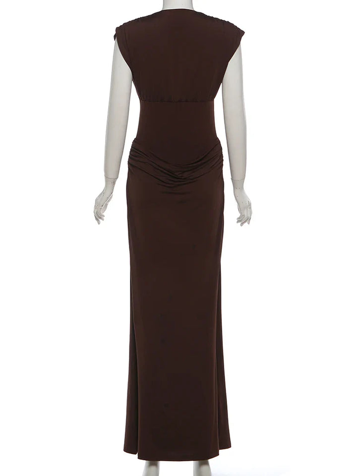 Maxi dress with pleats and gathers, V-neckline - Pearly