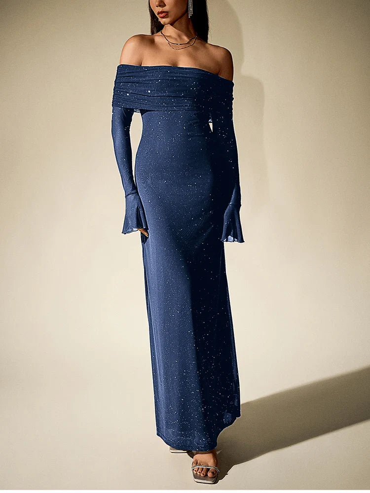 שמלת מקסי נצנצים בעיצוב כתפיים חשופות שרוולי פעמון - מרגריטה