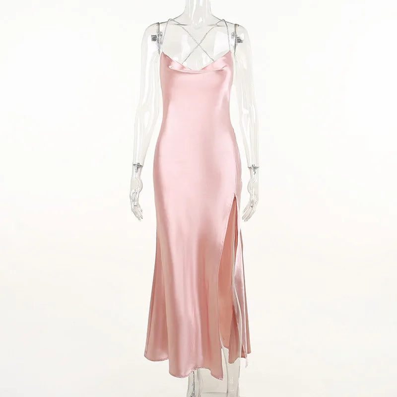 שמלת מקסי סאטן שסע עמוק רצועות זרקונים נוצצות - שיה