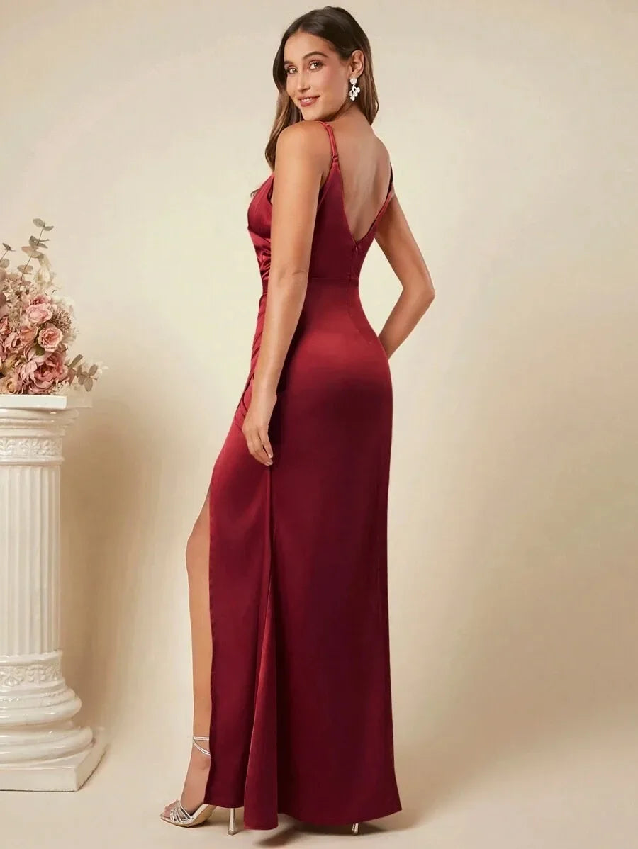 שמלת מקסי סאטן אלגנטית בעיטור שסע - ריינה