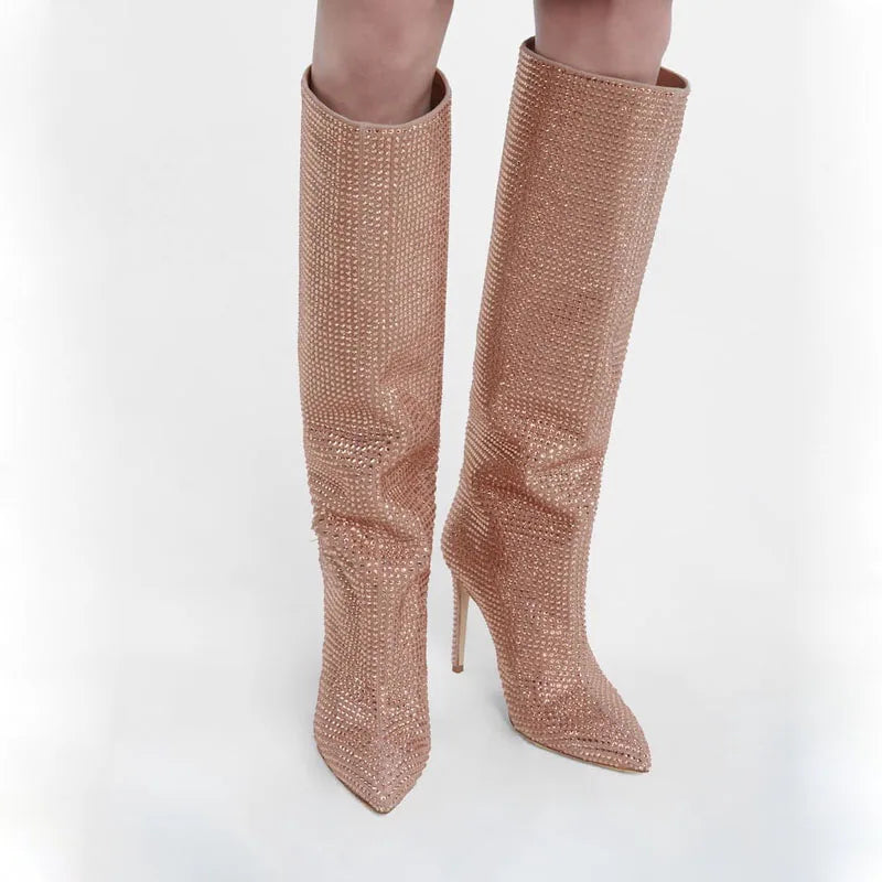 High-heeled pointed-toe boots with glittery rhinestones - Josie