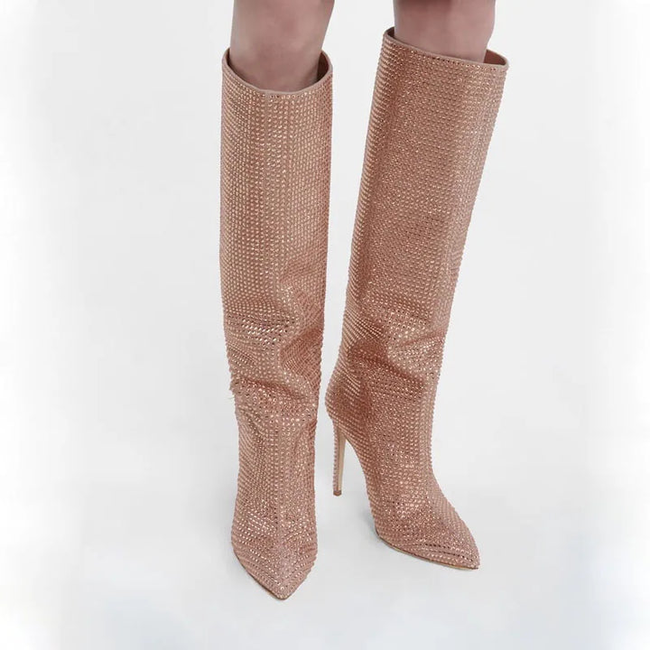 High-heeled pointed-toe boots with glittery rhinestones - Josie