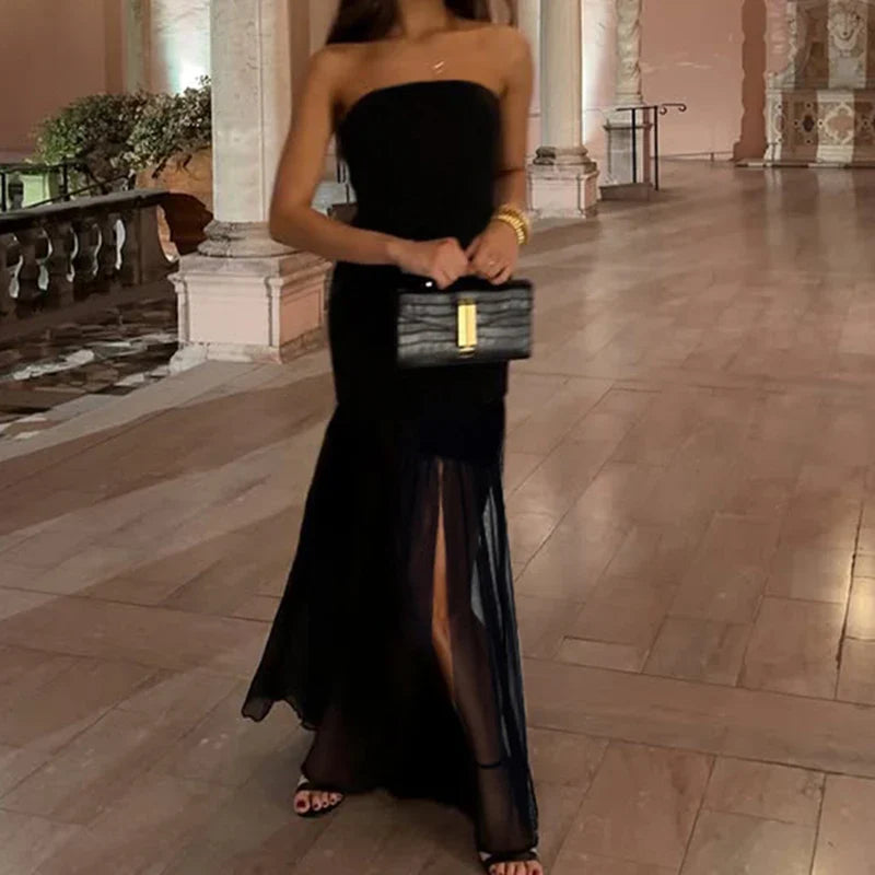 שמלת מקסי סטרפלס בעיטור שיפון ושסע - Lettie