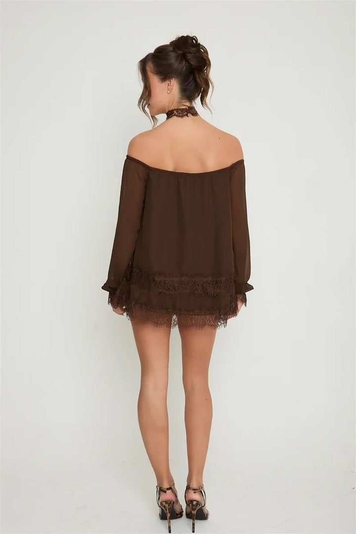 Off-the-shoulder mini dress with lace trim and matching shorts - Mali