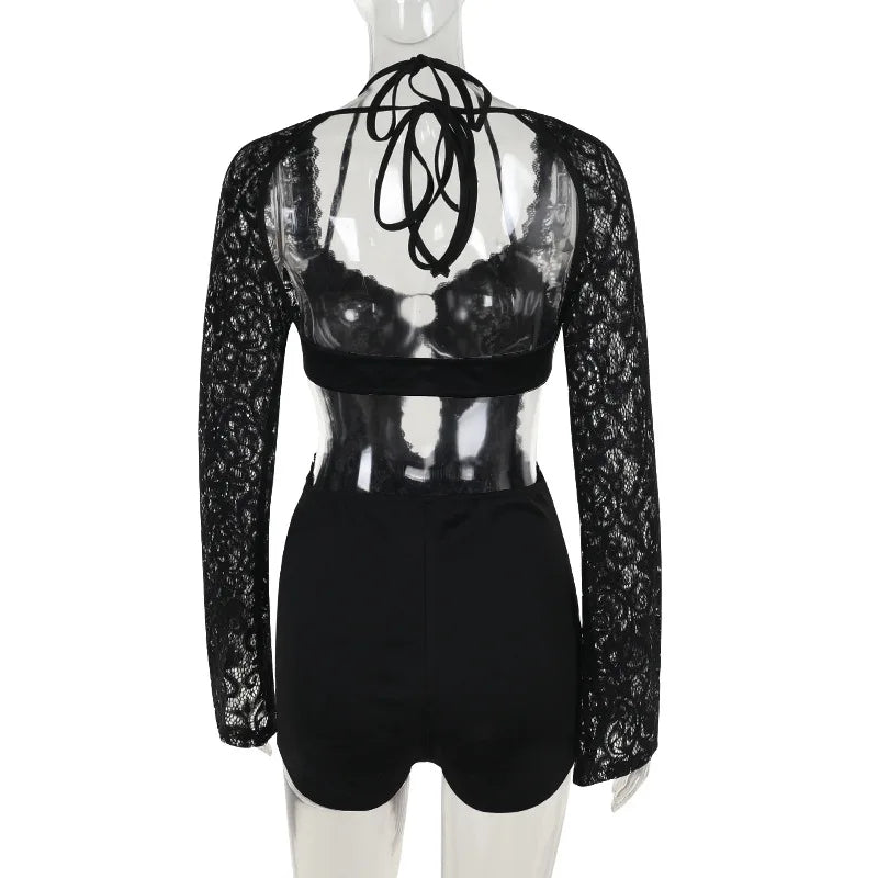 אוברול תחרה קצר שרוולים ארוכים בעיצוב חישוק וגב פתוח - Hunter