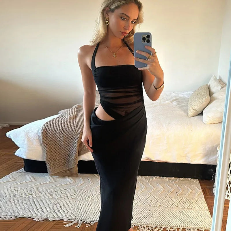 שמלת מקסי סאטן כיווצים בעיצוב רשת בחלק העליון גב פתוח - Arya