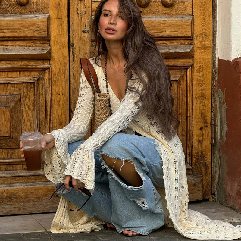 שמלת / עליונית מקסי קרושה סרוגה סגירת כפתורים - דוון