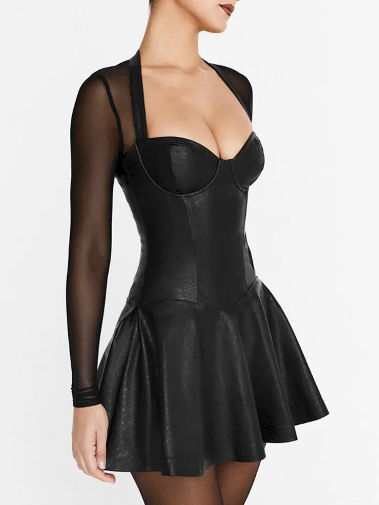 שמלת מיני דמוי עור בגזרת A שרוולי רשת - אופק