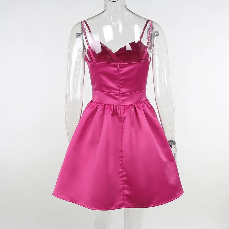 שמלת מיני סאטן בגזרת A כתפיות זרקונים - MIEL