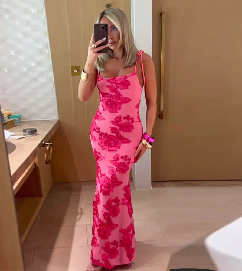 שמלת מקסי קשירה בכתפיות בעיטור רקמת פרחים - מיכל