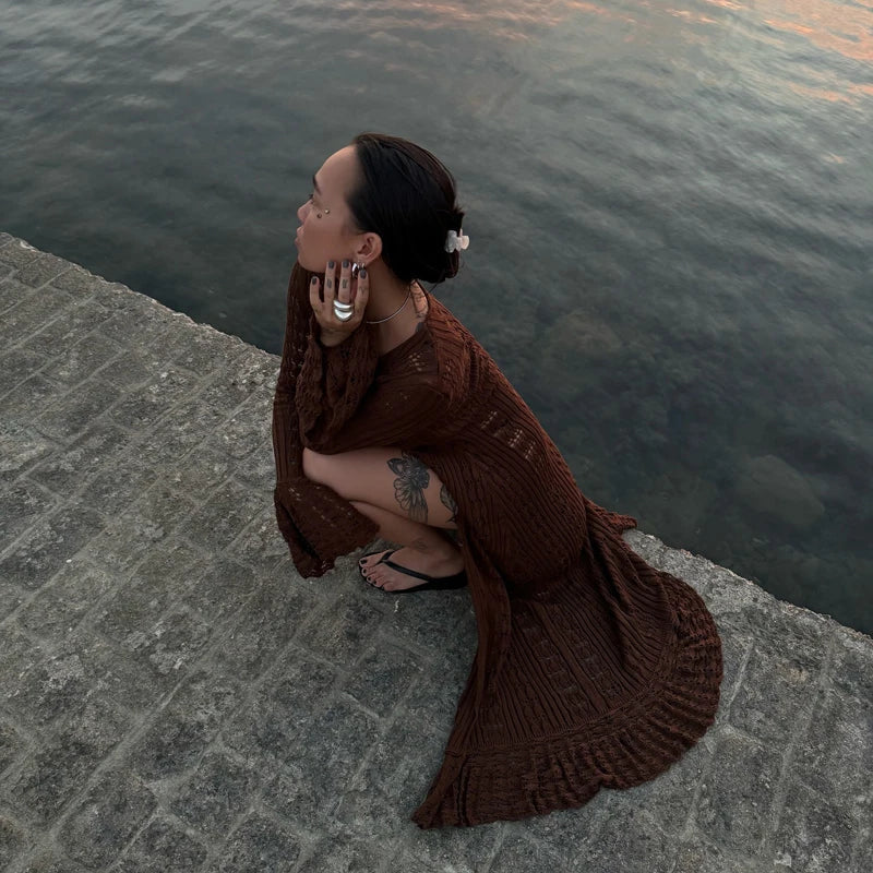 שמלת / עליונית מקסי קרושה סרוגה סגירת כפתורים - דוון