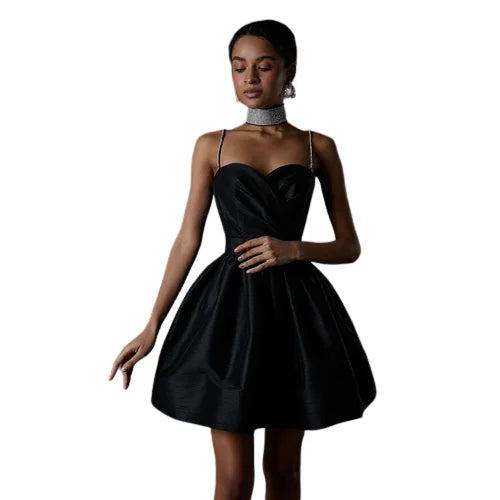 שמלת מיני סאטן בגזרת A כתפיות זרקונים - MIEL