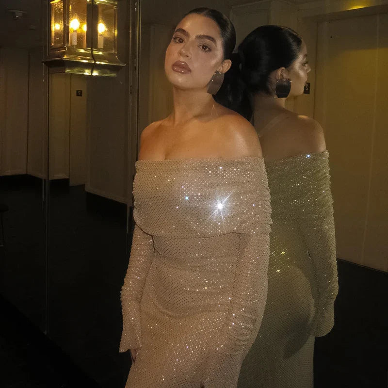 שמלת מקסי כתפיים חשופות בעיטור נקודות מנצנצות - LENA