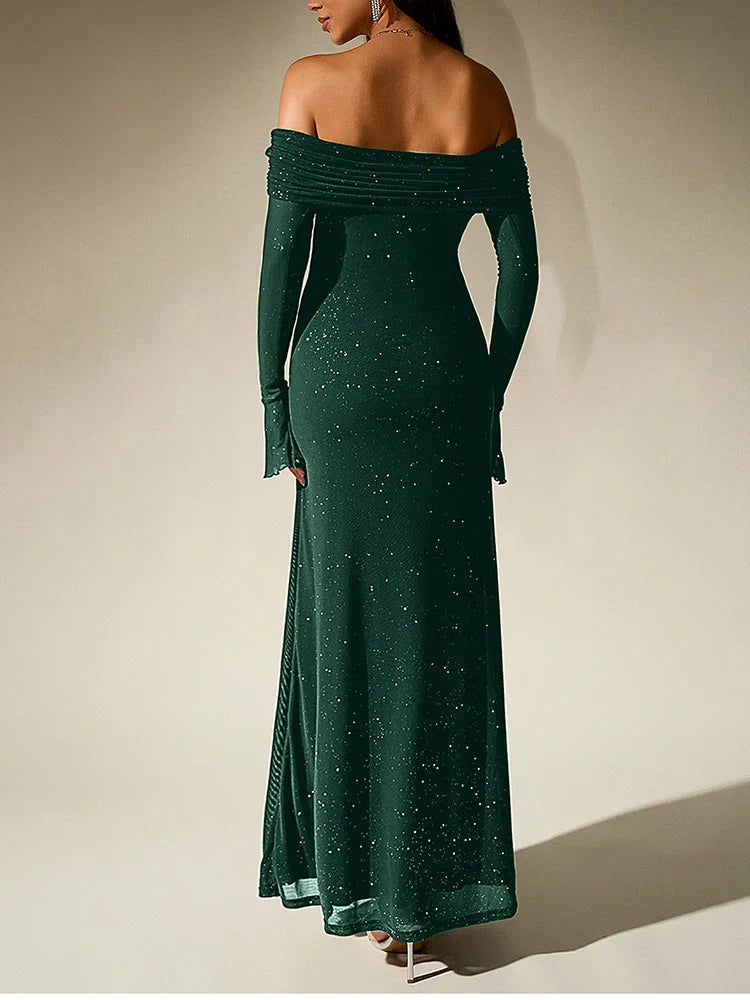 שמלת מקסי נצנצים בעיצוב כתפיים חשופות שרוולי פעמון - מרגריטה