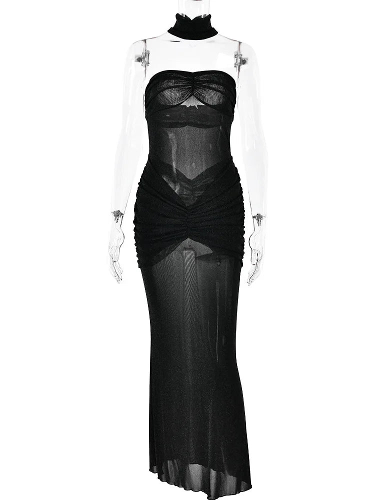 שמלת סטרפלס מקסי רשת נצנצים בעיטור כיווצים - Haisley