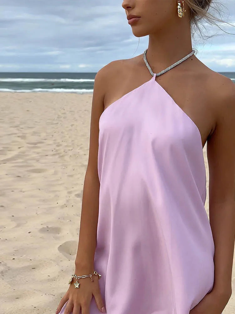 שמלת מיני סאטן בעיצוב חוטי זרקונים מנצנצים לקשירה בצוואר - קולין