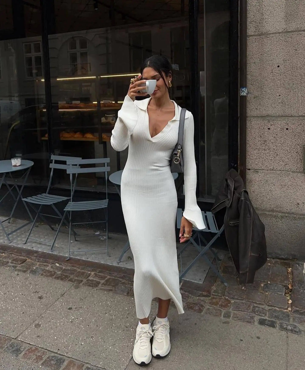 שמלת מקסי סריג צווארון צווארון פולו - גייל