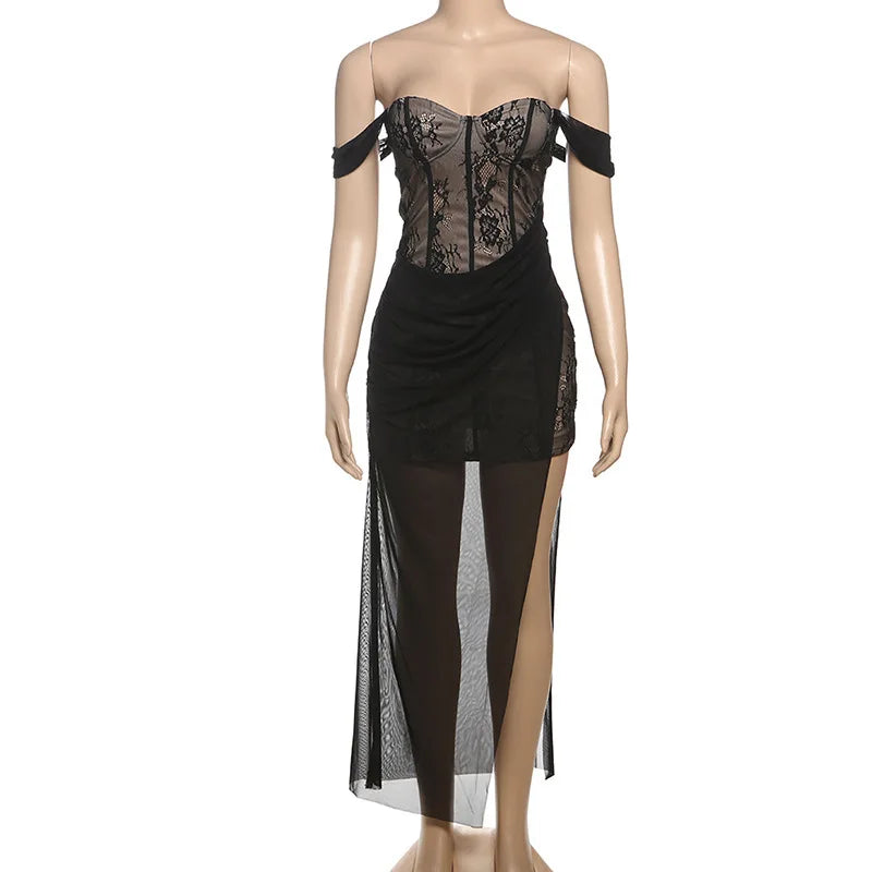 שמלת מקסי תחרה בעיטור שיפון כתפיים חשופות - Elouise