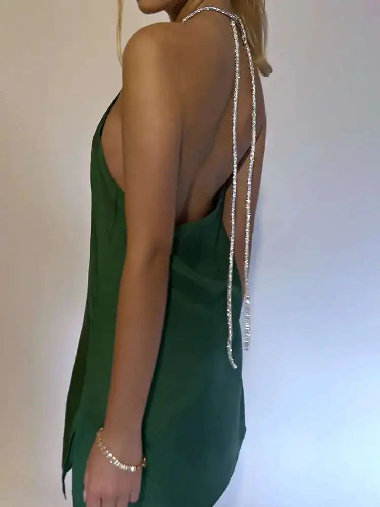 שמלת מיני סאטן בעיצוב חוטי זרקונים מנצנצים לקשירה בצוואר - קולין